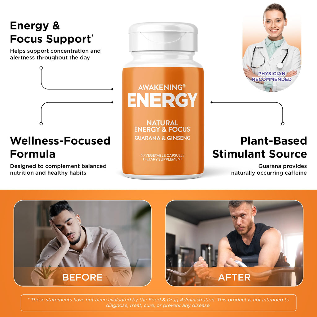 Natural Energy & Focus Supplement with Panax Ginseng, Guarana Extract & Chromium Picolinate, 60 Caps S829