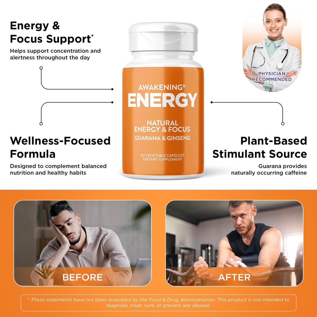 Natural Energy & Focus Supplement with Panax Ginseng, Guarana Extract & Chromium Picolinate, 60 Caps S829