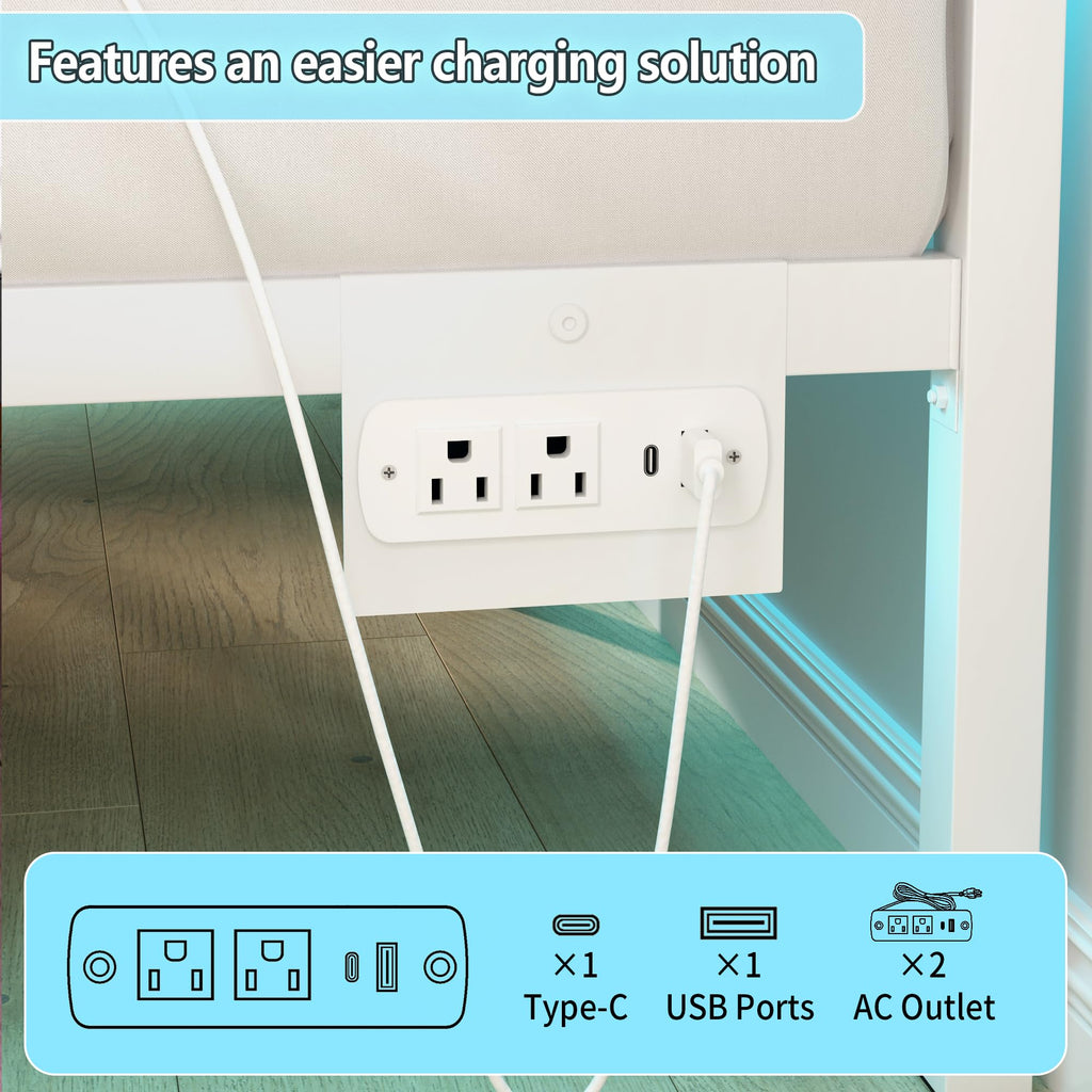 White Full Size Bed Frame with Headboard and USB Charging Station R74138
