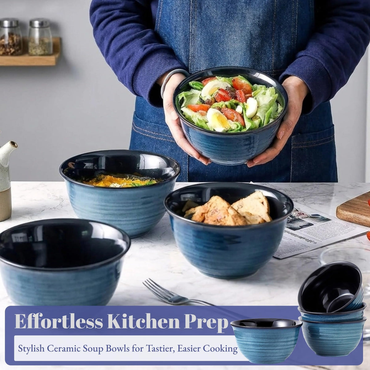Ceramic Soup Bowls Set of 4, 40 Ounce Navy Blue Q962594