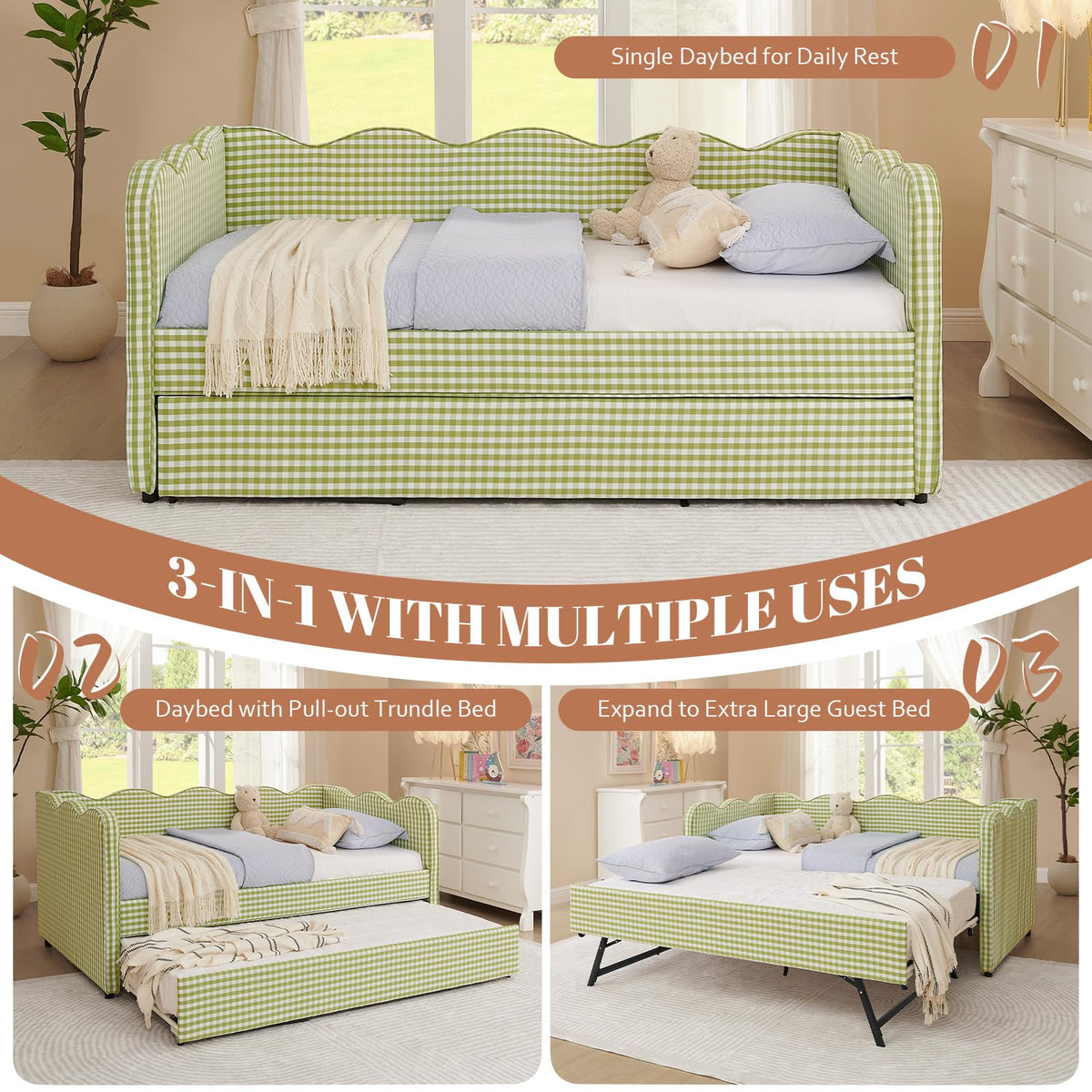 81-inch Twin to King Size Gingham Linen Upholstered Daybed with USB Charging Ports I8202