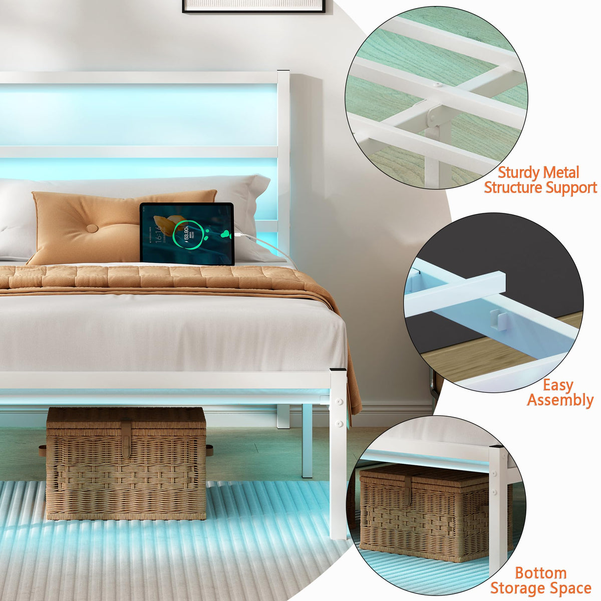 White Full Size Bed Frame with Headboard and USB Charging Station R74138