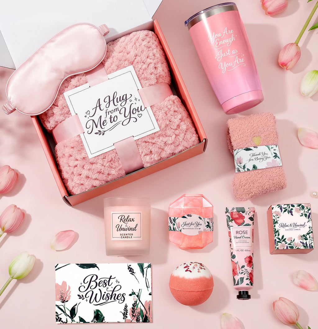 10-Piece Self Care Spa Gift Basket with Throw Blanket and Tumbler R7281