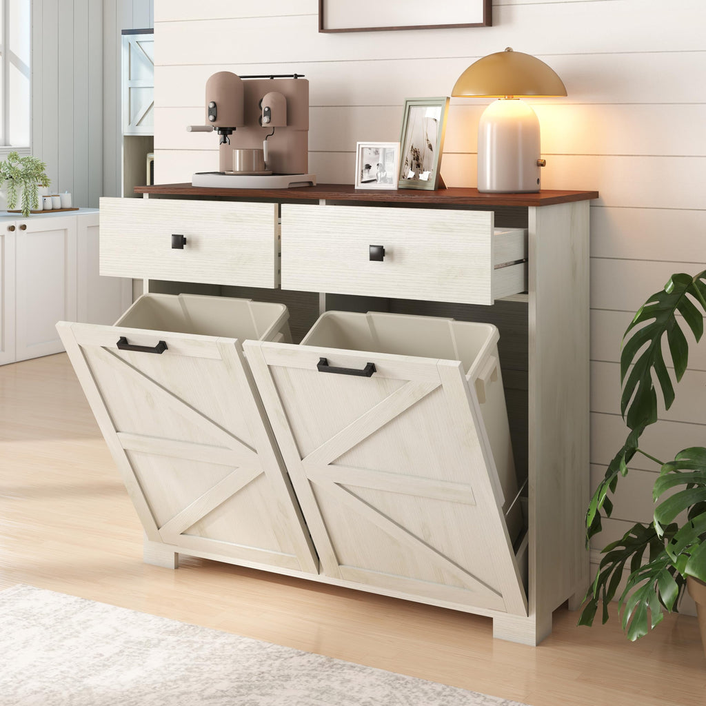 Double Tilt Out Trash Cabinet with Hideaway Drawer, Antique White M6706