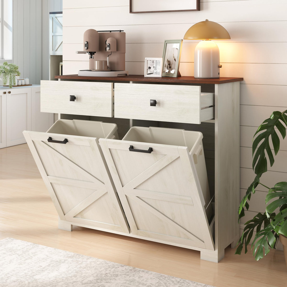 Double Tilt Out Trash Cabinet with Hideaway Drawer, Antique White M6706