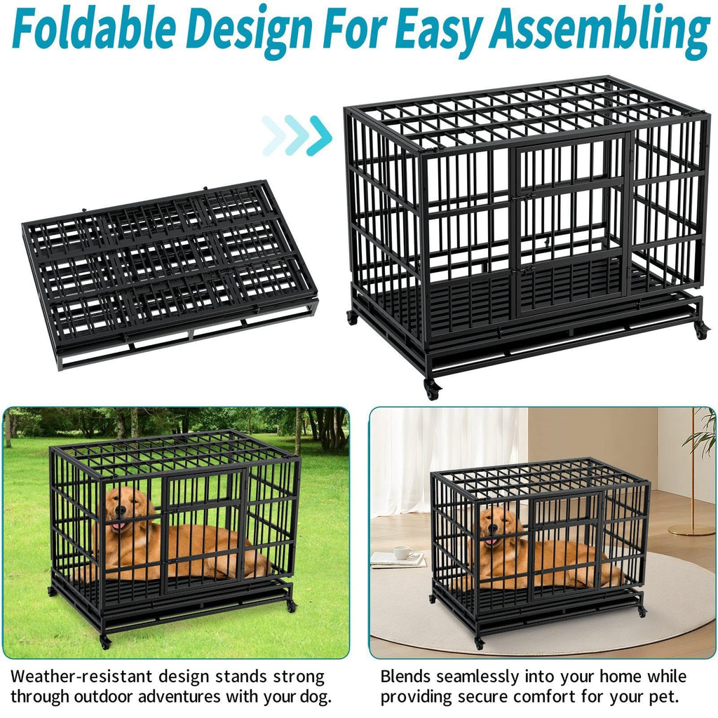 48 Inch Heavy Duty Metal Folding Dog Crate with Wheels and Double Doors N954582