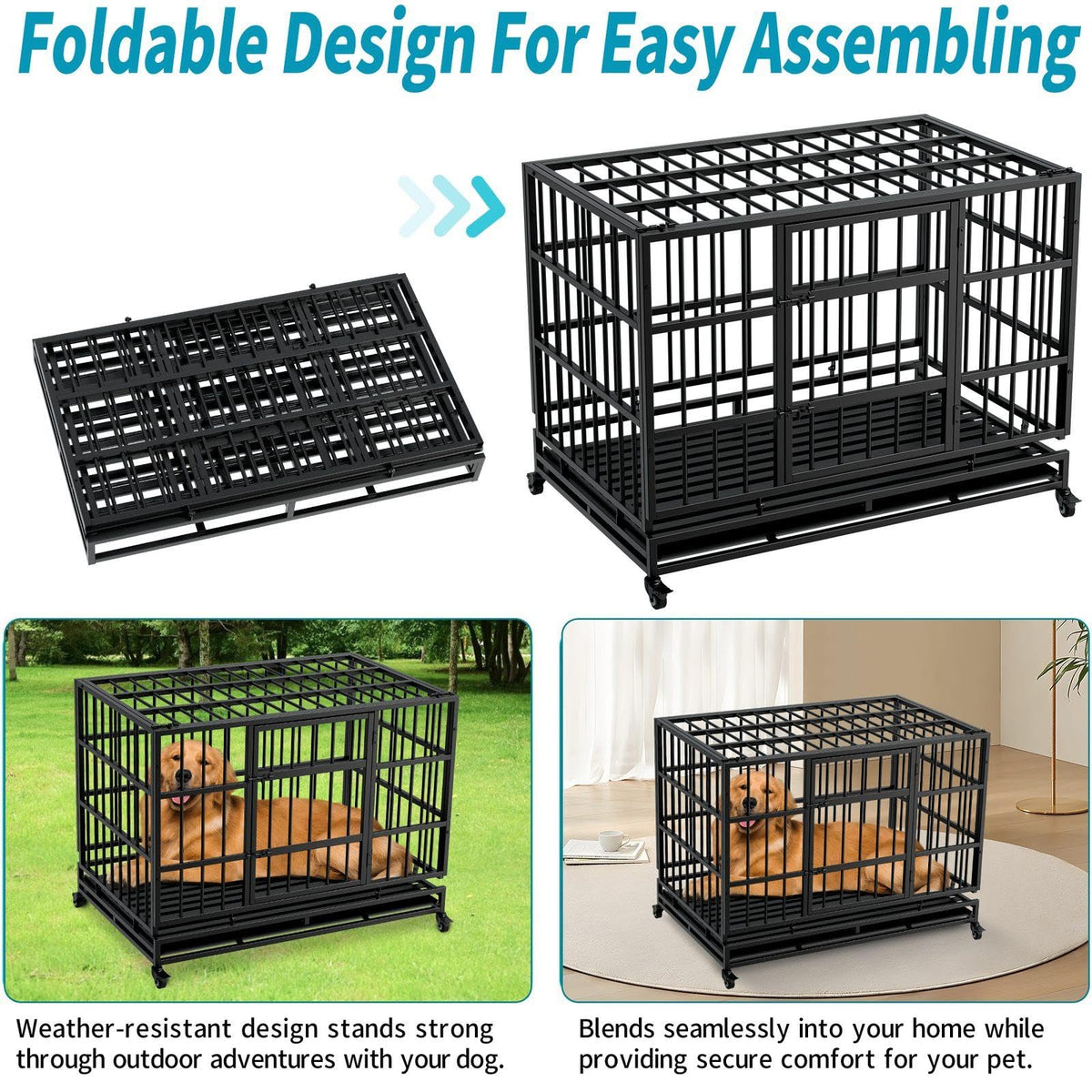 48 Inch Heavy Duty Metal Folding Dog Crate with Wheels and Double Doors N954582
