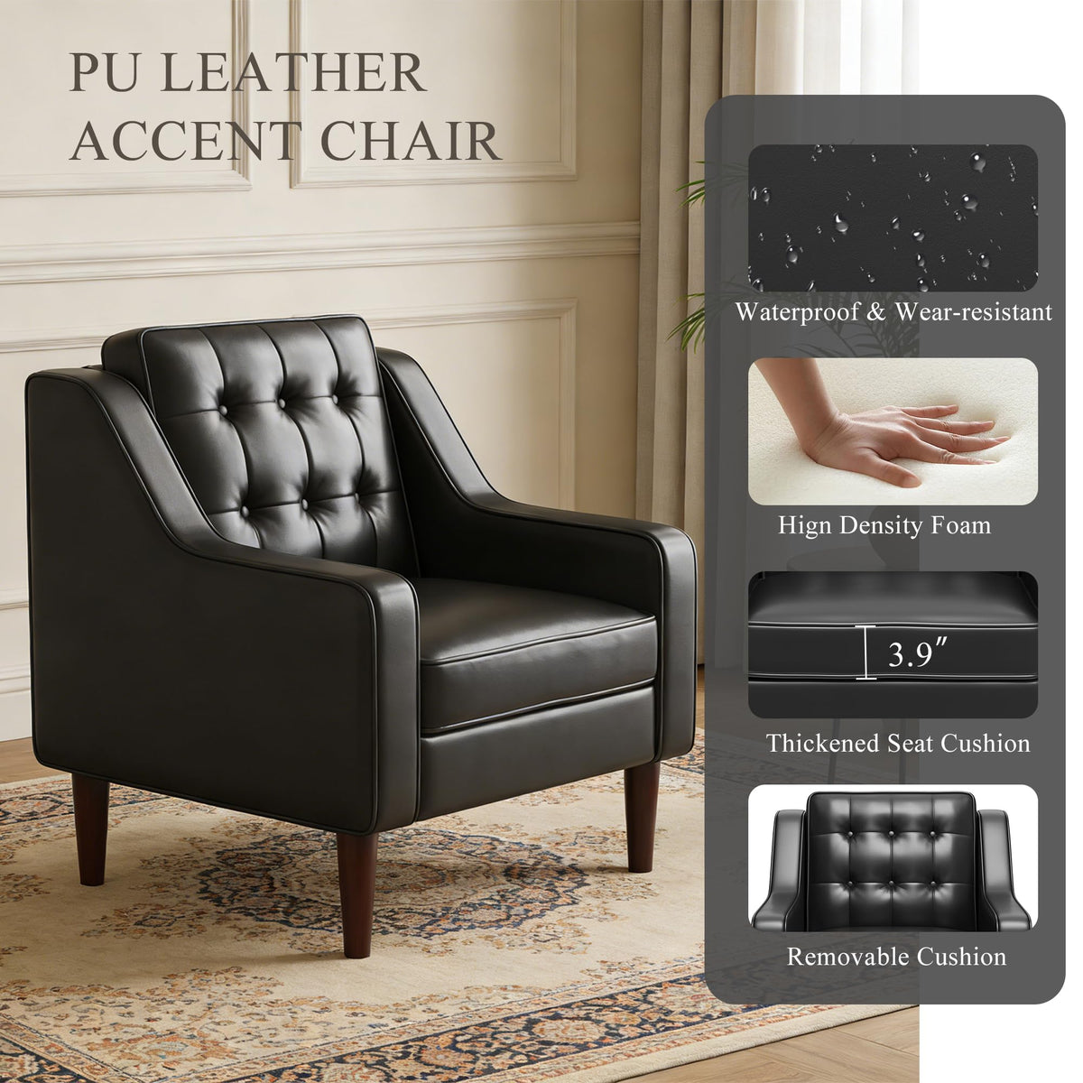 PU Leather Accent Chair Button-Tufted Upholstered Black M246