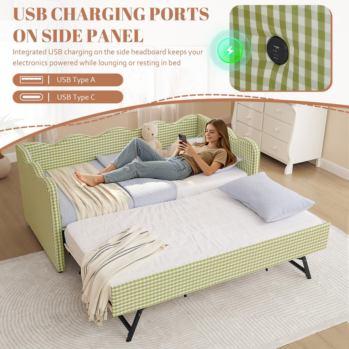 81-inch Twin to King Size Gingham Linen Upholstered Daybed with USB Charging Ports I8202