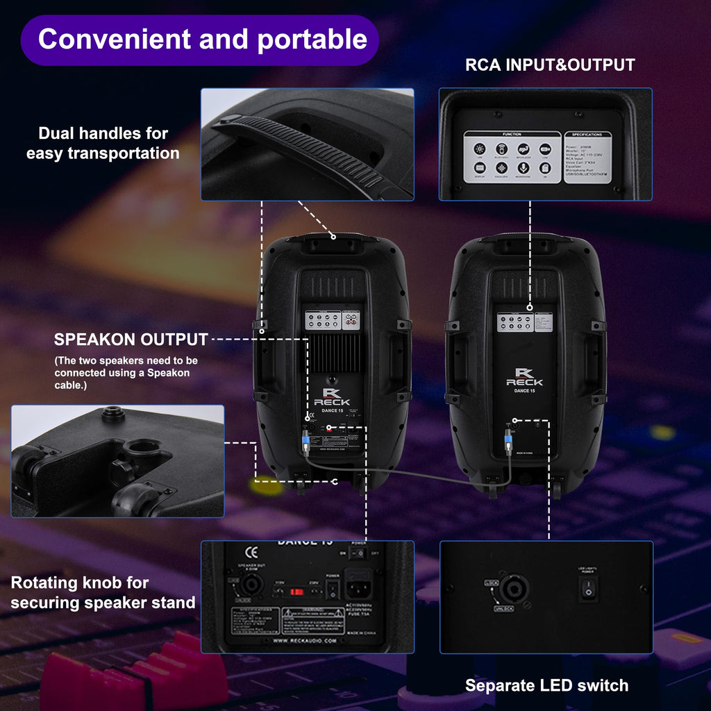 Portable 15-Inch 2000 Watt 2-Way Powered PA Speaker System O8119