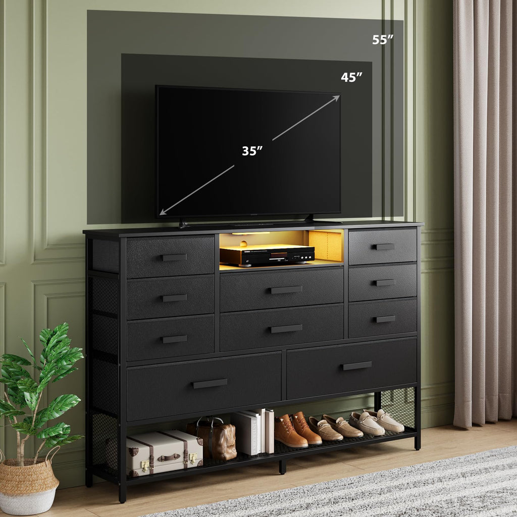 Black 10 Drawer Dresser with Charging Station and LED Light K5580