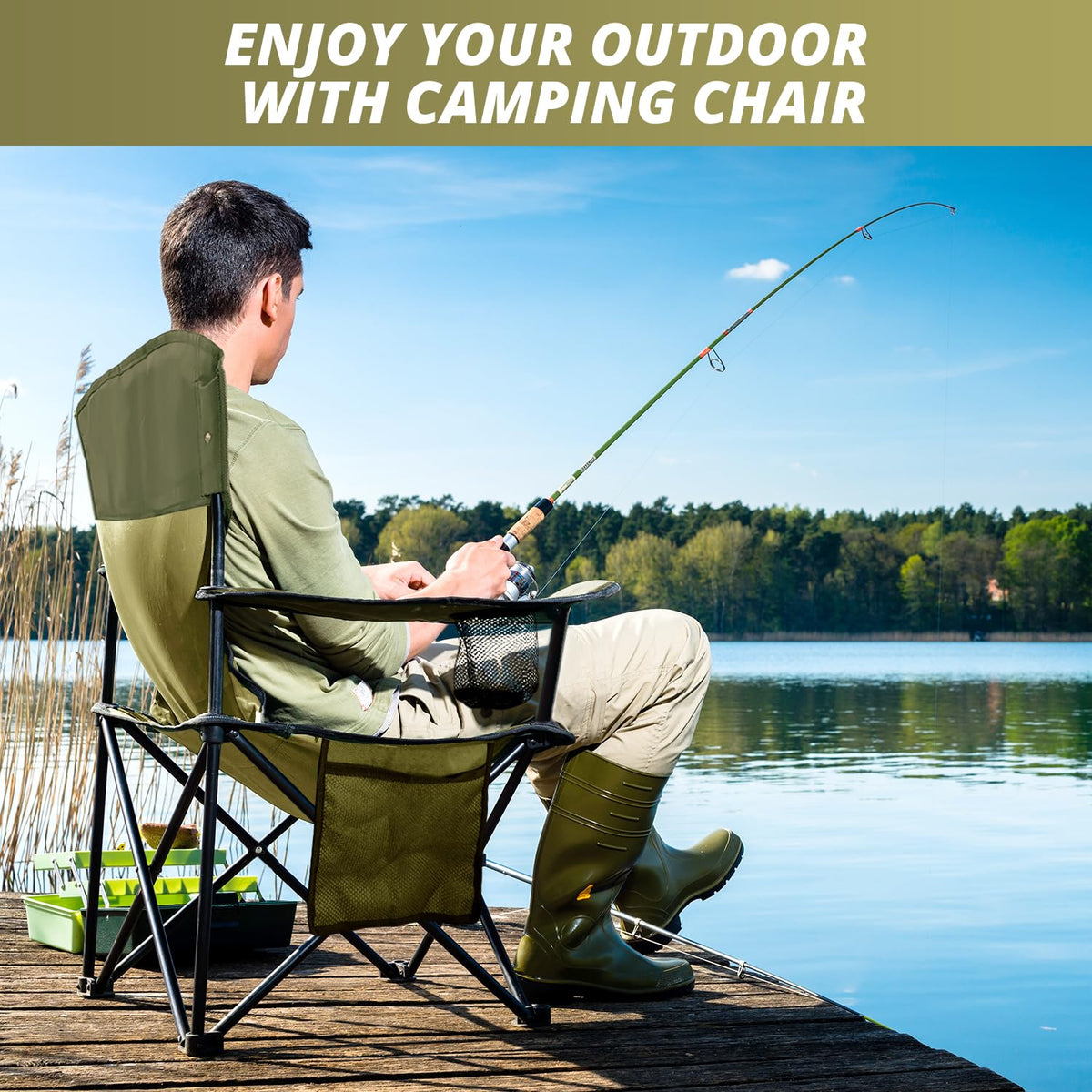 2 Pack Folding Camping Chairs with High Back, 300lbs Capacity, Green L6671