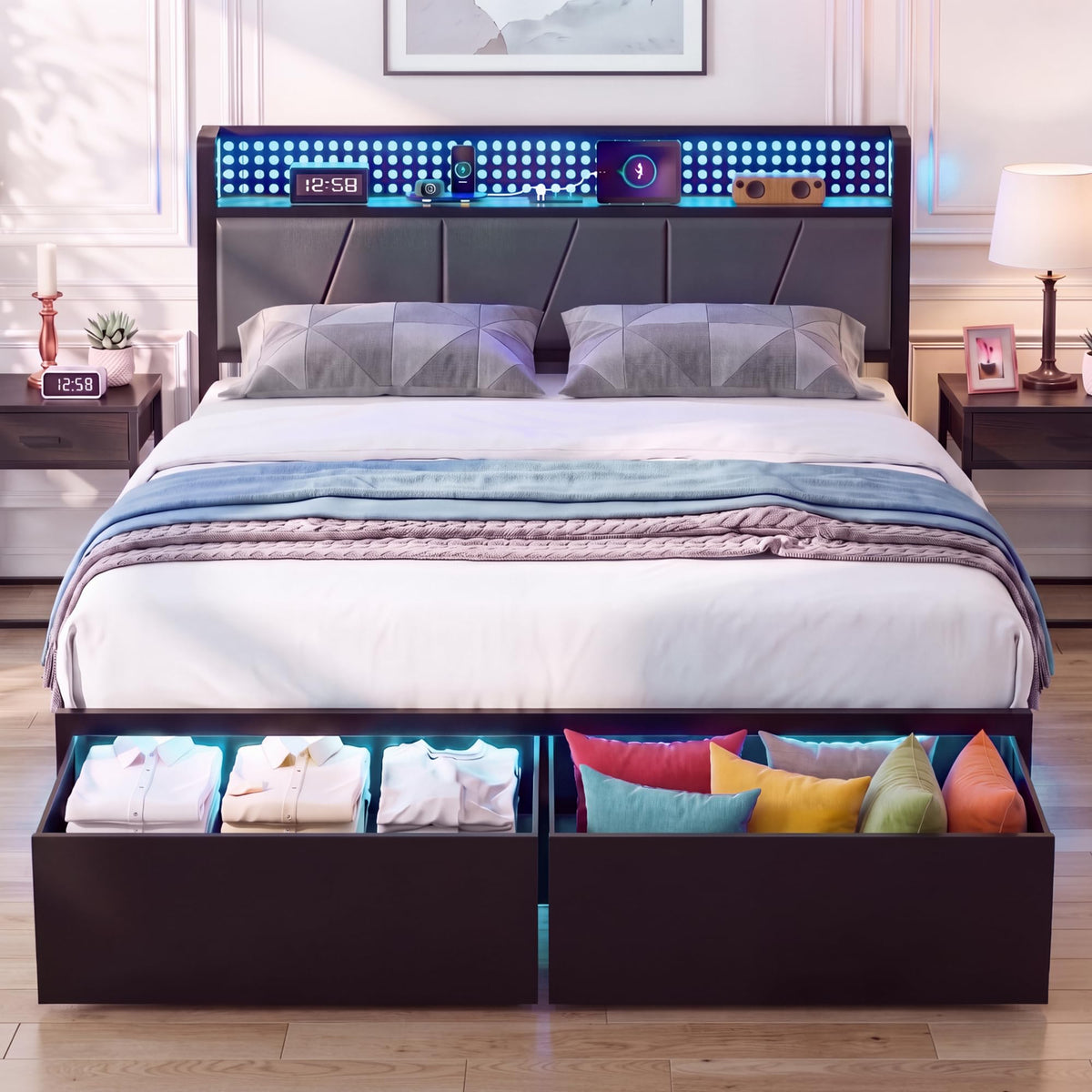 Full Size Upholstered Bed Frame with 2 Drawers and Storage Shelves X618799