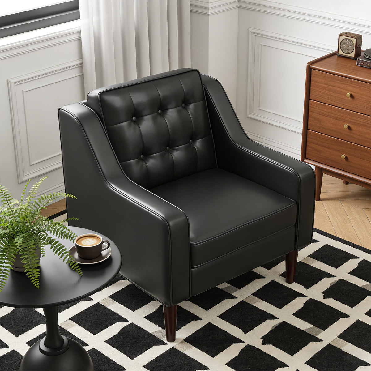 PU Leather Accent Chair Button-Tufted Upholstered Black M246