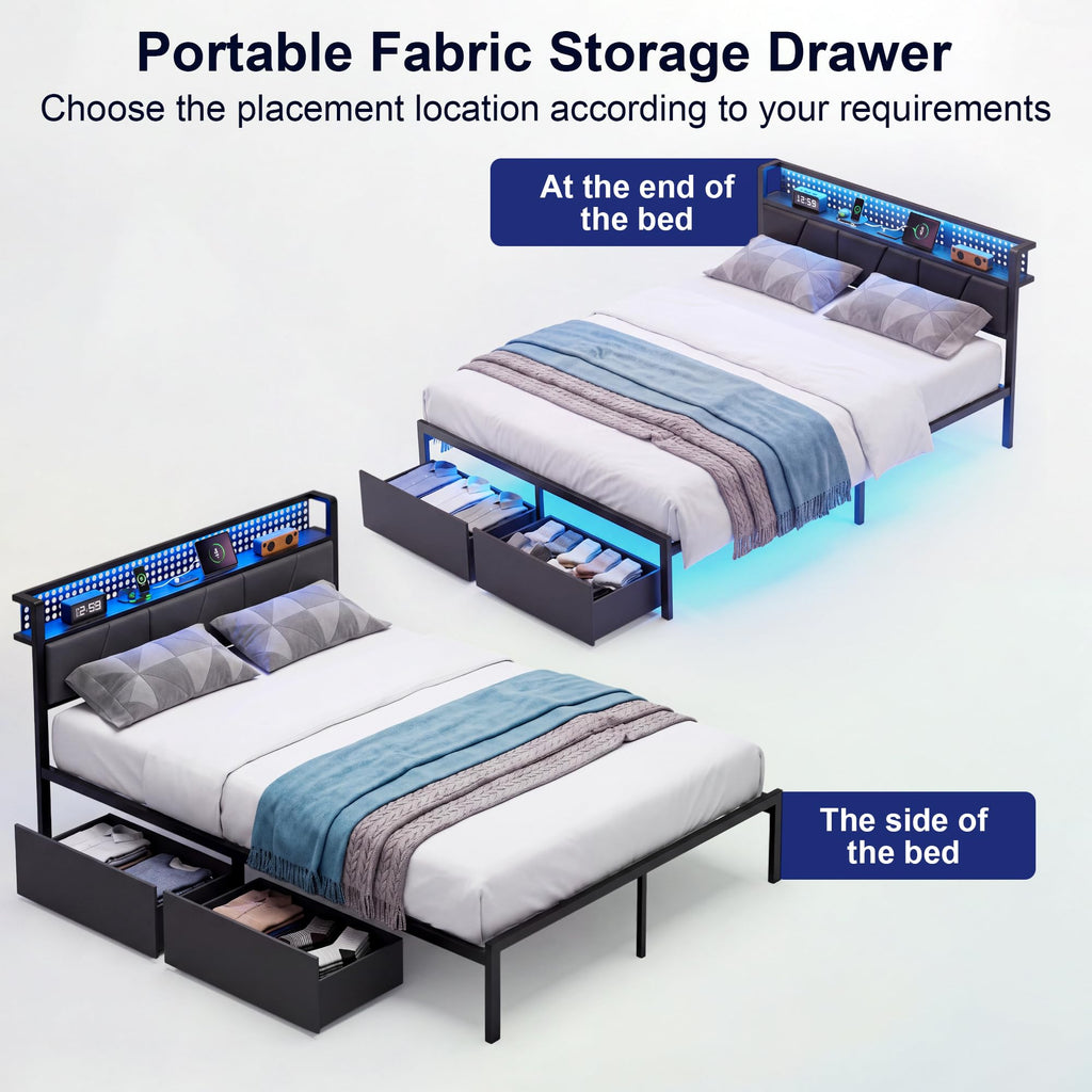Full Size Upholstered Bed Frame with 2 Drawers and Storage Shelves X618799