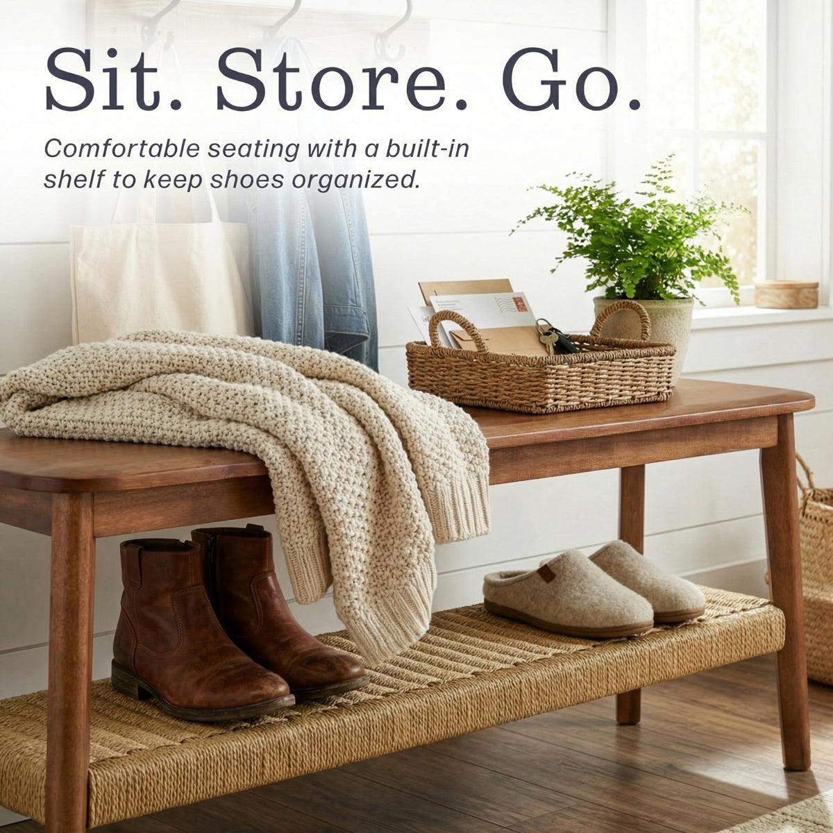 Solid Wood Entryway Bench with Woven Storage Shelf, Chestnut, 48” A192708