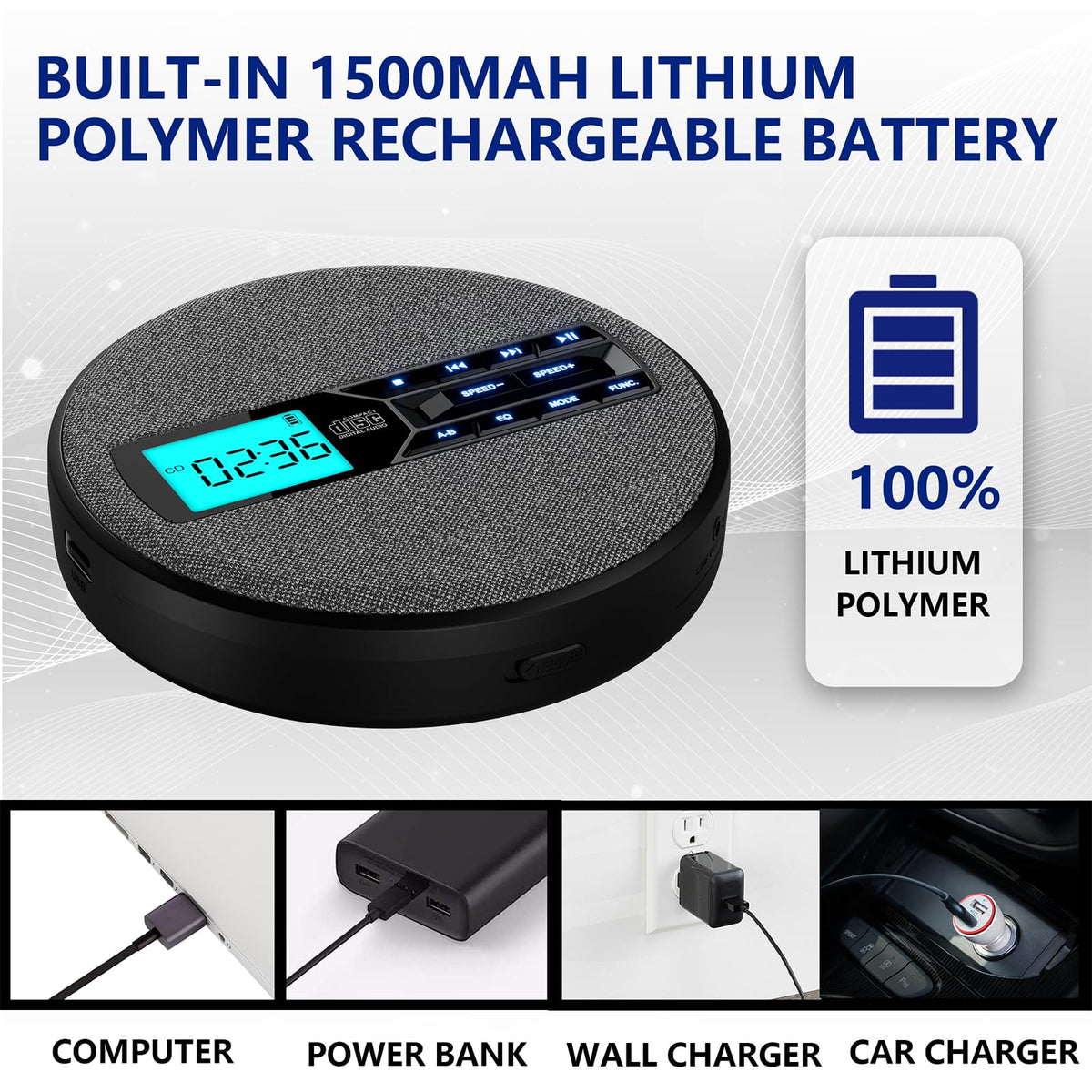 Portable Rechargeable CD Player with Dual Speakers, Black L4537