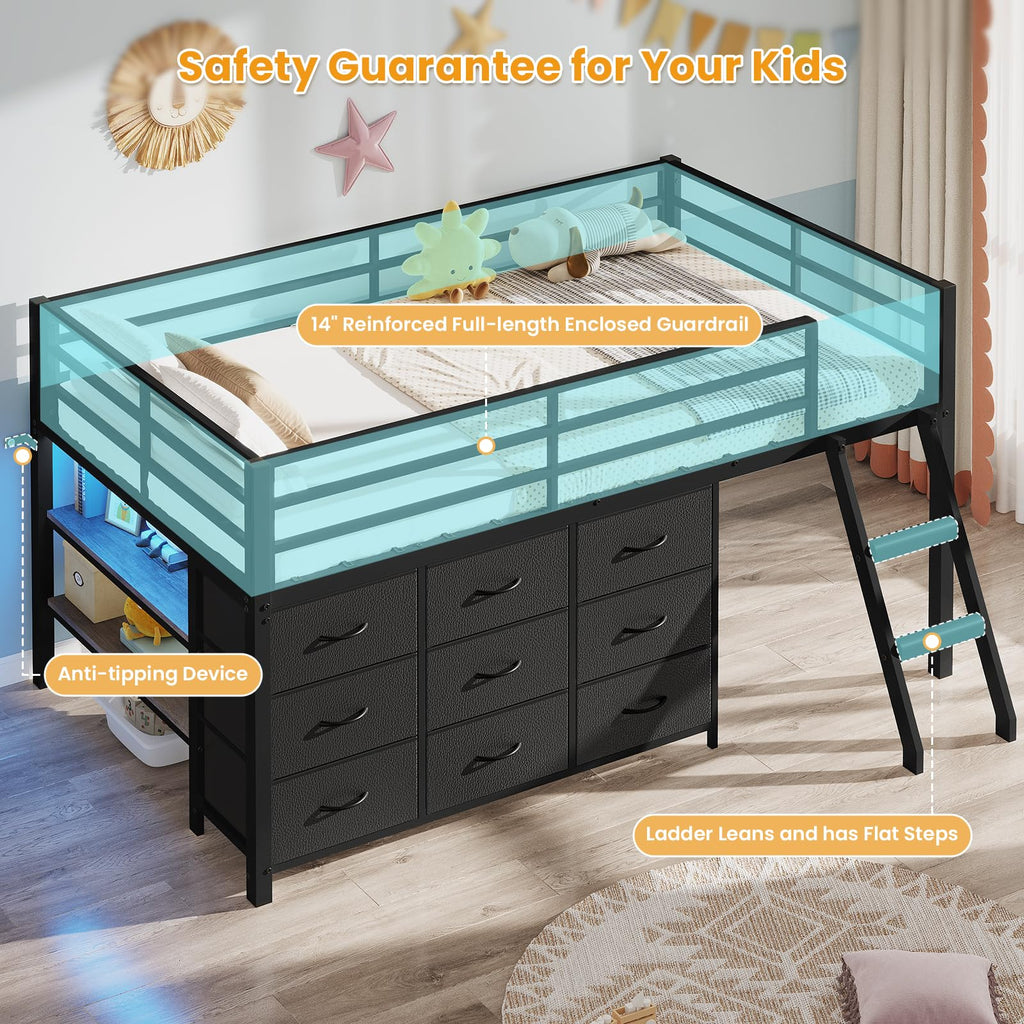 Twin Size Loft Bed with 9 Storage Drawers O999027