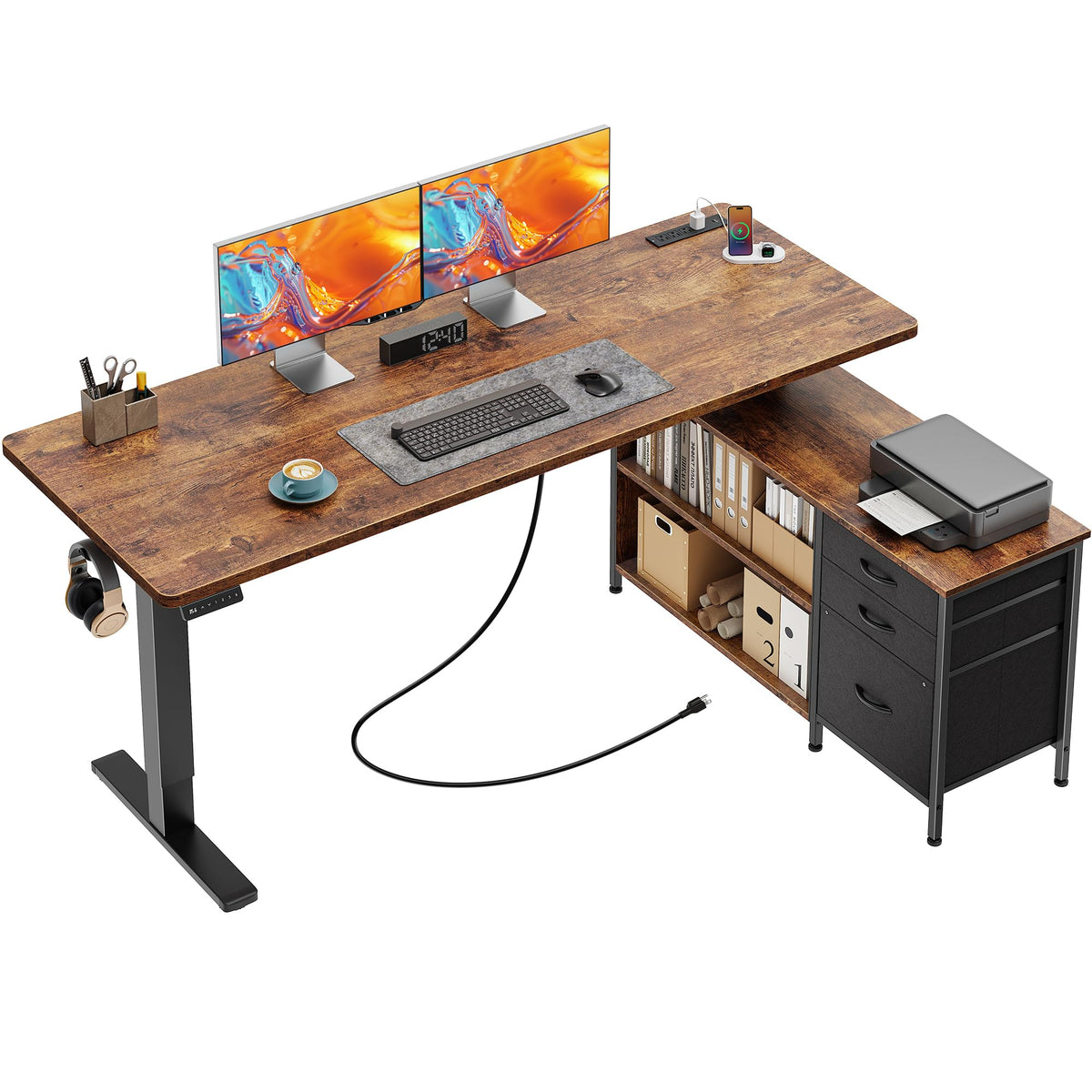 55.1'' L Standing Desk with Outlets, Cabinet, Shelves, Drawers Z2732