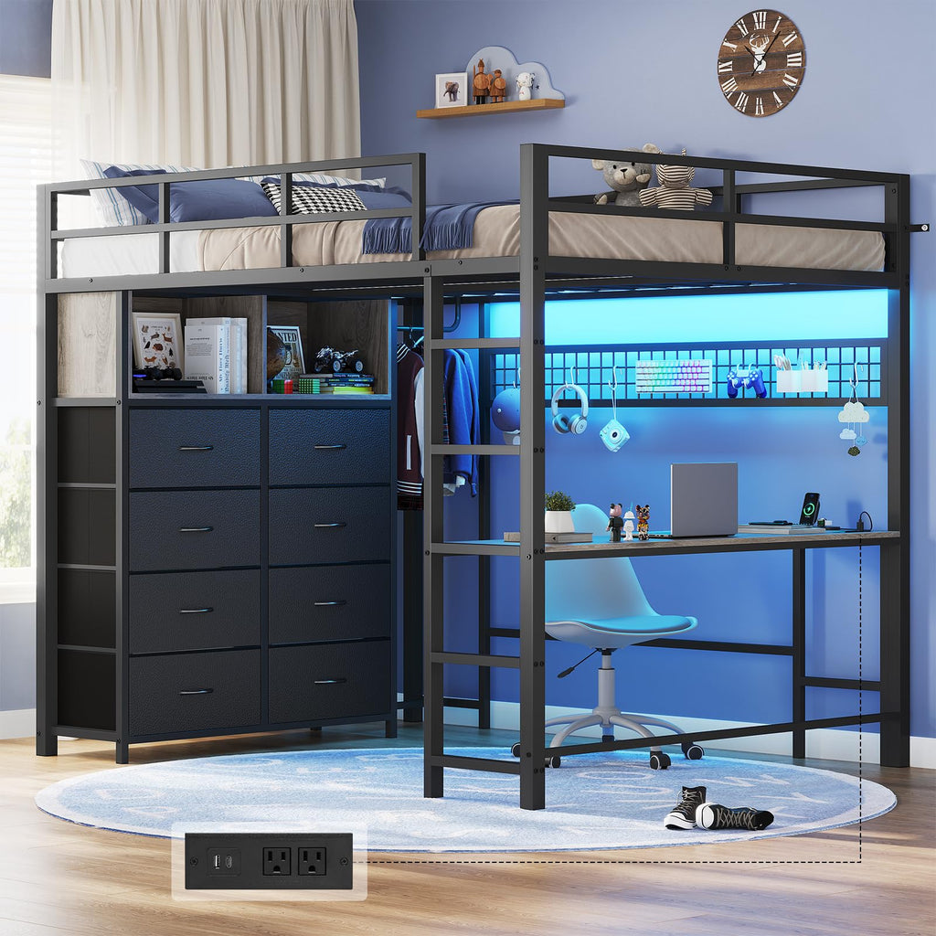 Full Size Loft Bed with Desk and 8 Storage Drawers Grey F24198