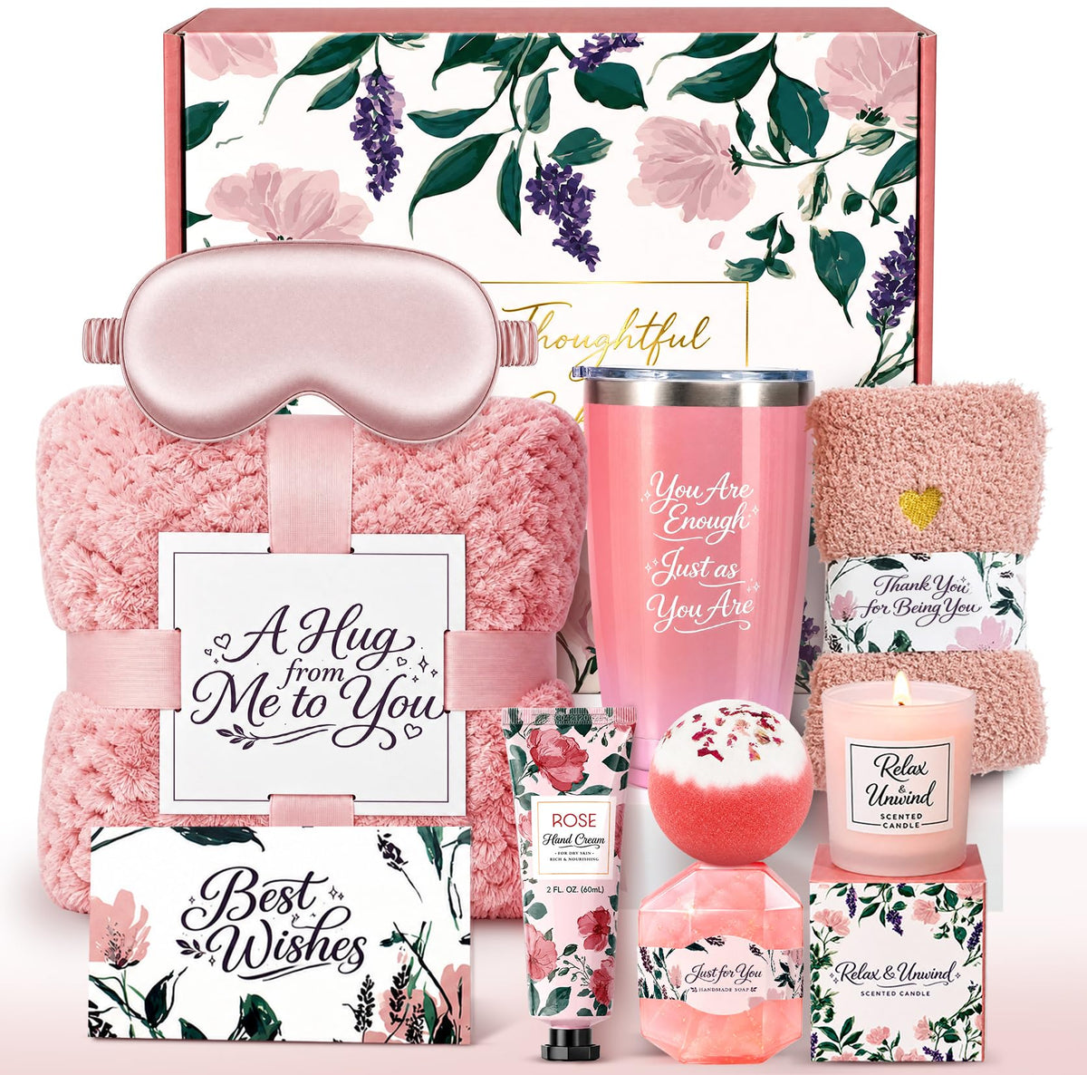 10-Piece Self Care Spa Gift Basket with Throw Blanket and Tumbler R7281