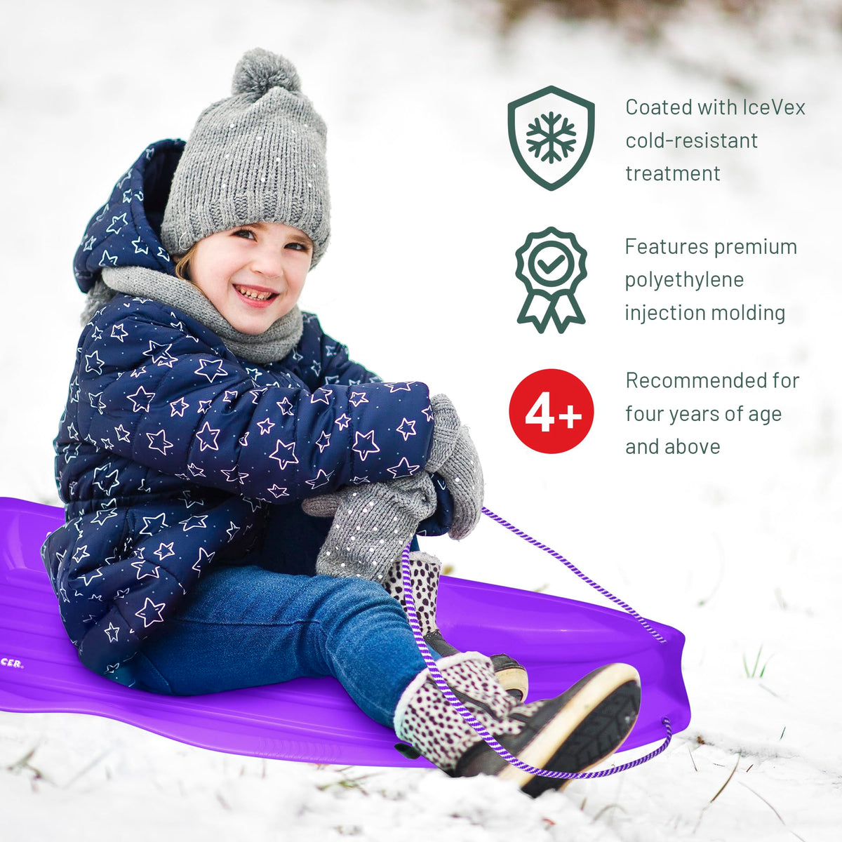 Flexible Plastic Toboggan Snow Sled with Pull Rope and Handles A5874