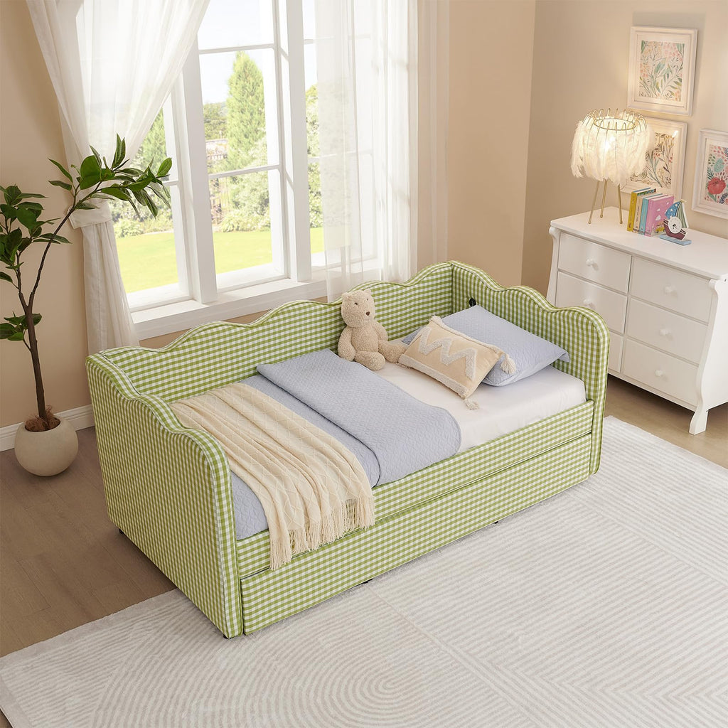 81-inch Twin to King Size Gingham Linen Upholstered Daybed with USB Charging Ports I8202