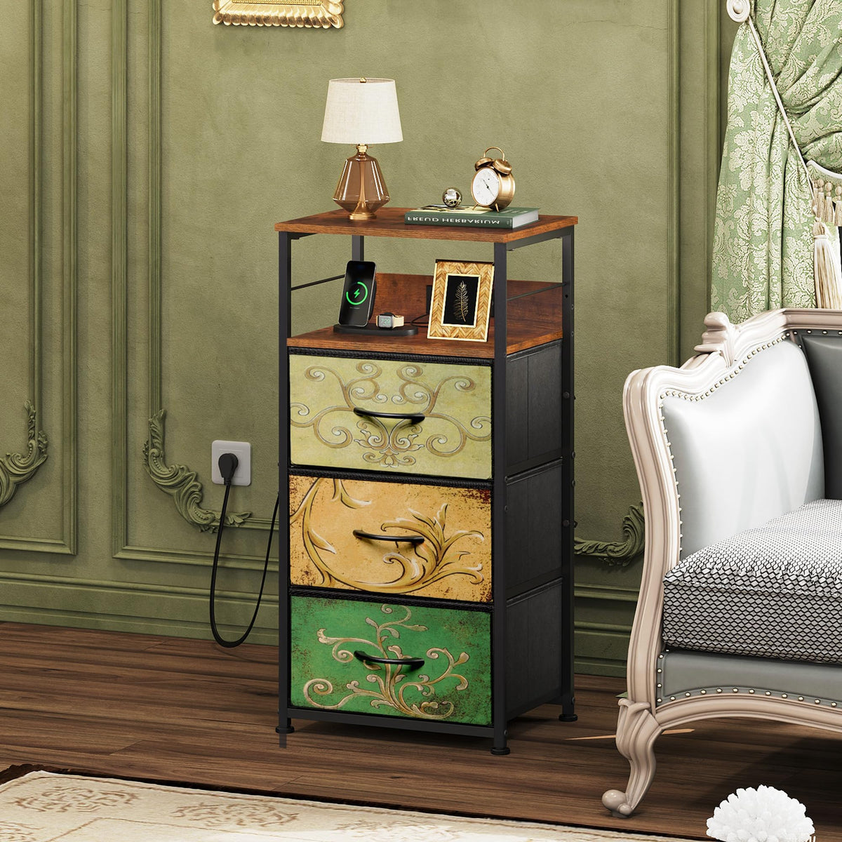 Night Stand with Charging Station, 3 Drawer Bedside Table I248