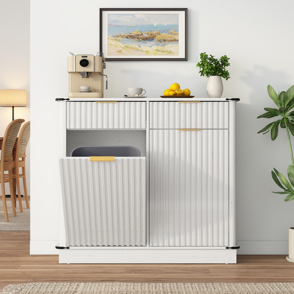 White 20 Gallon Tilt Out Trash Cabinet with Charging Station and 2 Drawers F957564