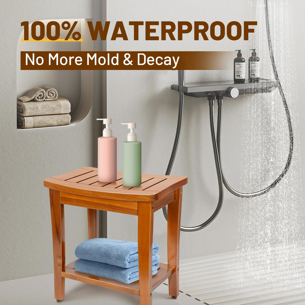16" Teak Shower Bench with Shelf V9693