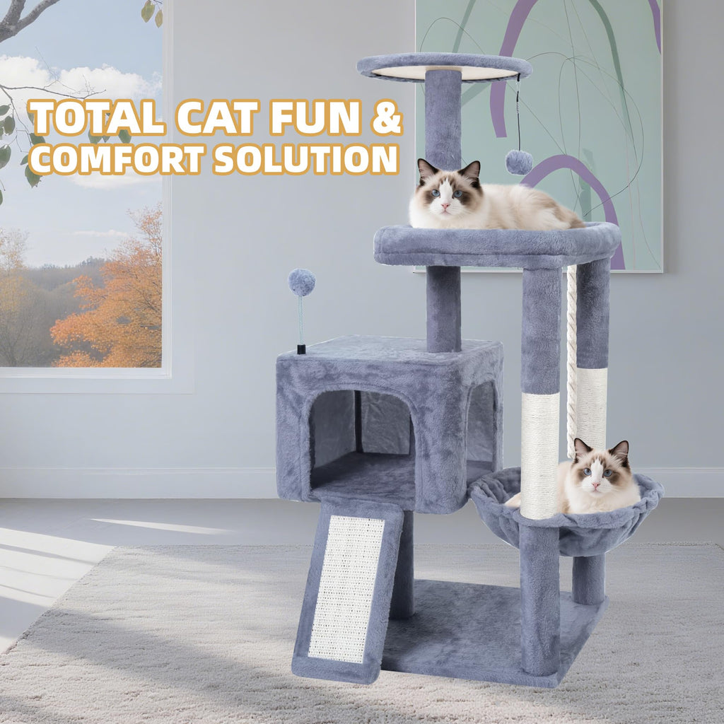 37.5" Cat Tree Tower with Scratching Board Hammock Grey O99025