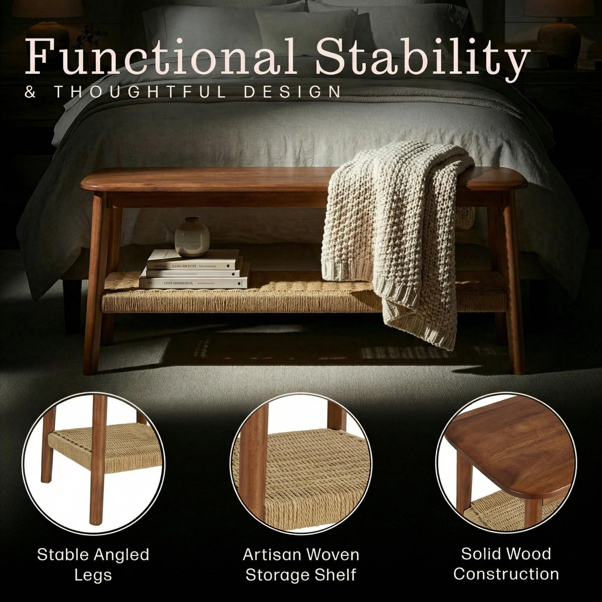 Solid Wood Entryway Bench with Woven Storage Shelf, Chestnut, 48” A192708