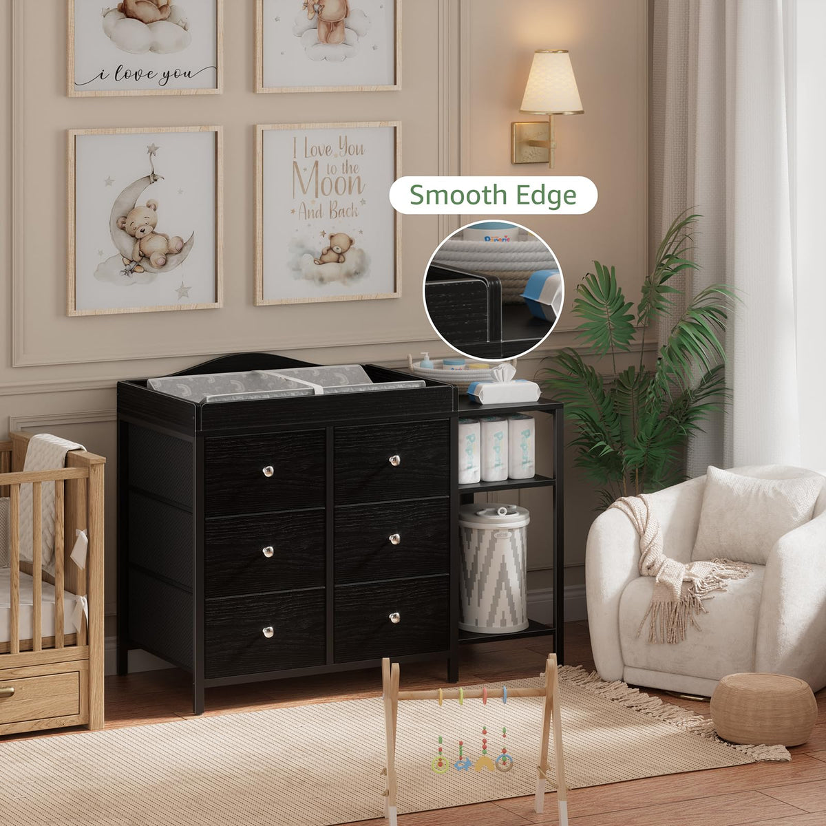 Black 6 Drawer Baby Dresser with Changing Table Top R444
