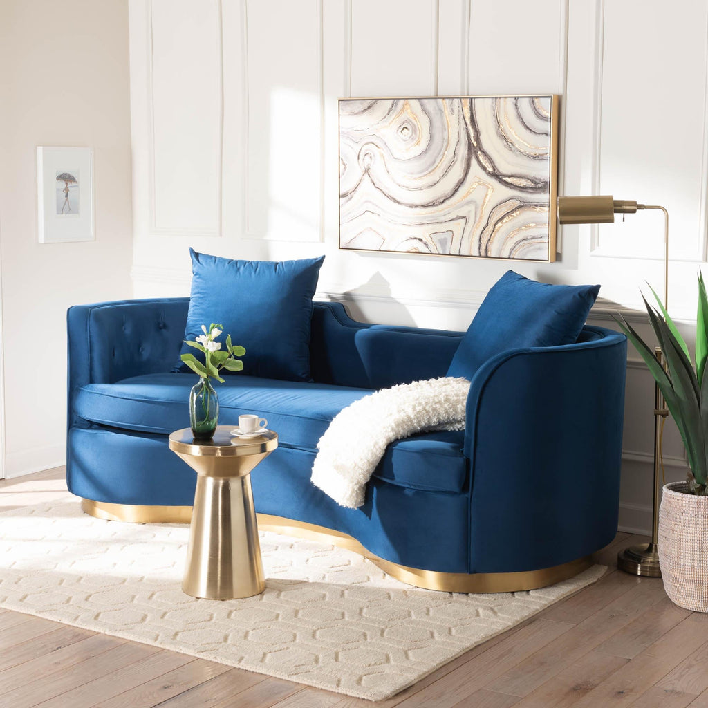 Navy Blue Velvet and Brushed Gold Metal Sofa E8647