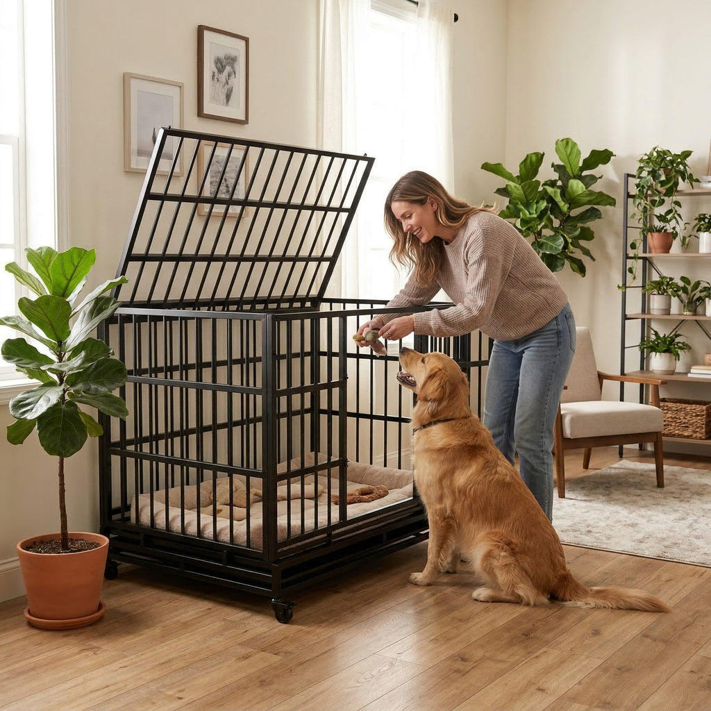 48 Inch Heavy Duty Metal Folding Dog Crate with Wheels and Double Doors N954582