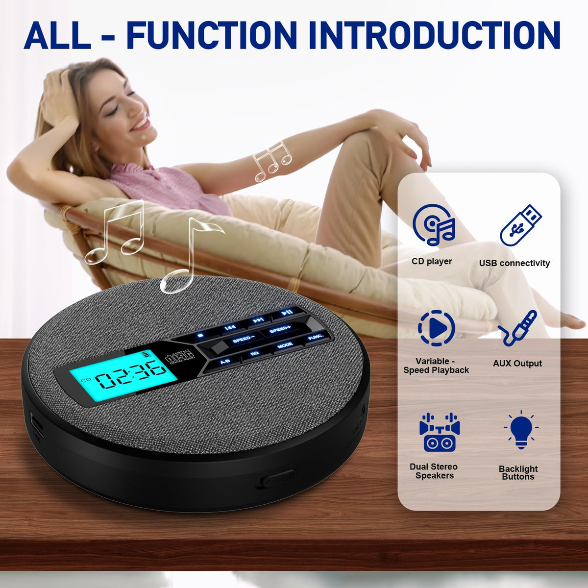 Portable Rechargeable CD Player with Dual Speakers, Black L4537