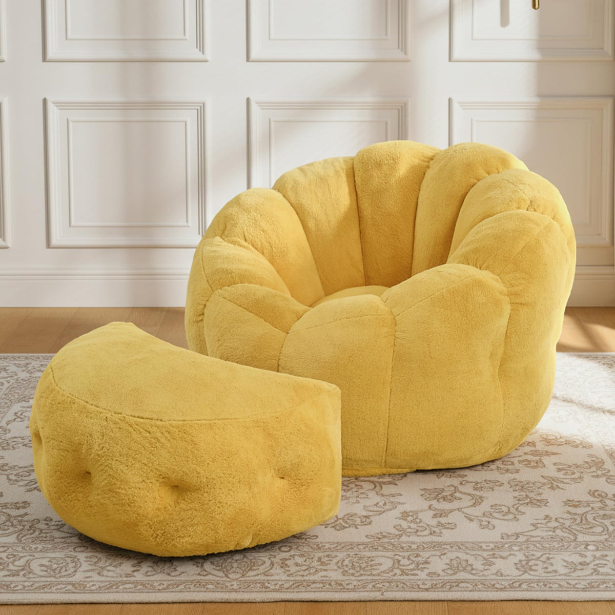 Yellow Faux Fur Bean Bag Chair with Ottoman G478
