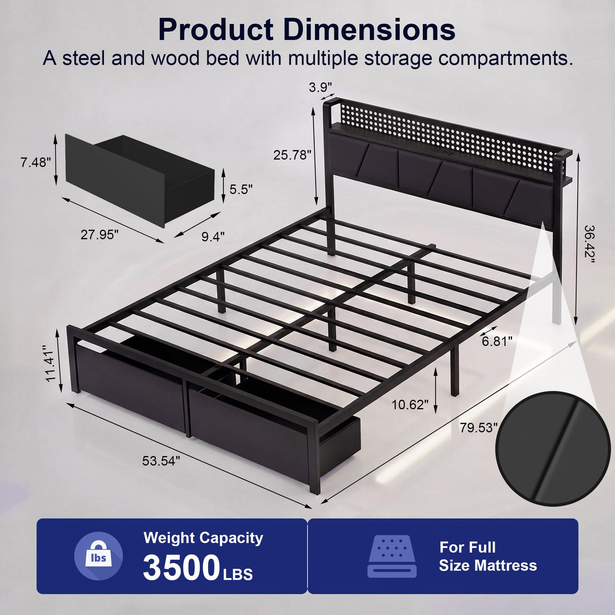 Full Size Upholstered Bed Frame with 2 Drawers and Storage Shelves X618799