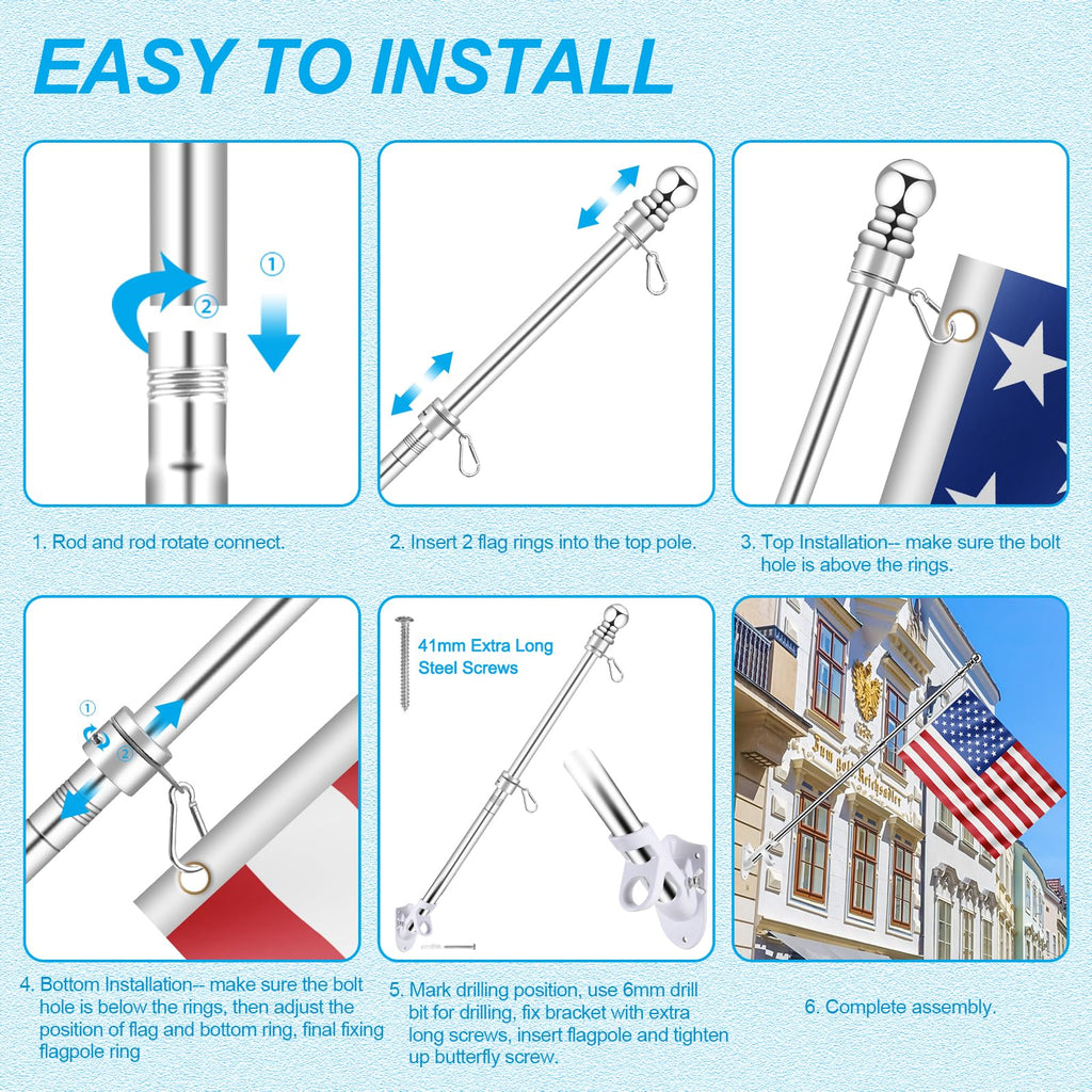 Silver 7 FT Metal Flagpole Kit and 304 Stainless Steel Flagpole Clips C206100