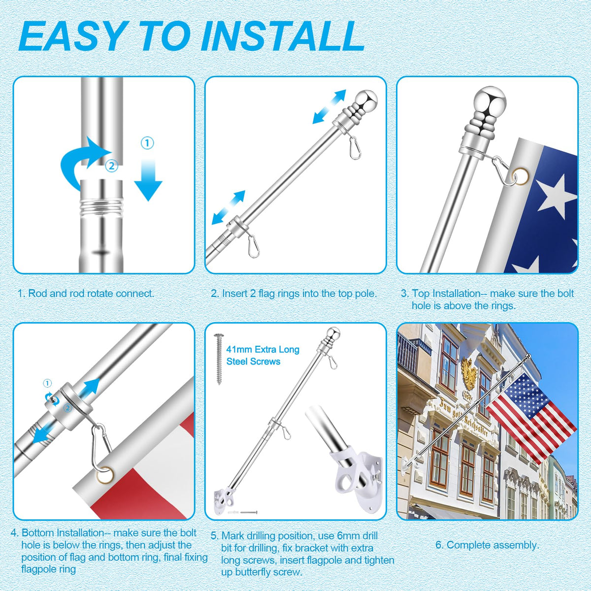 Silver 7 FT Metal Flagpole Kit and 304 Stainless Steel Flagpole Clips C206100
