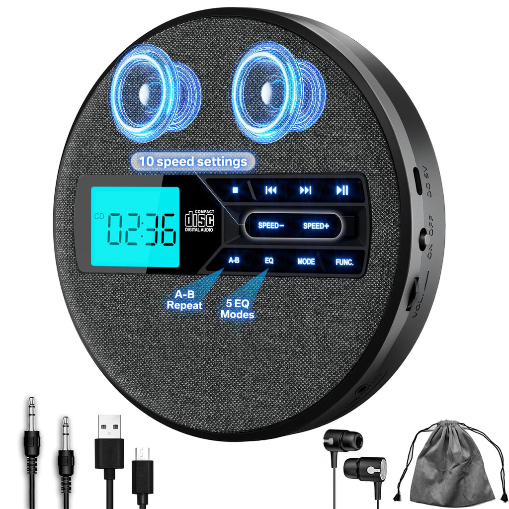Portable Rechargeable CD Player with Dual Speakers, Black L4537