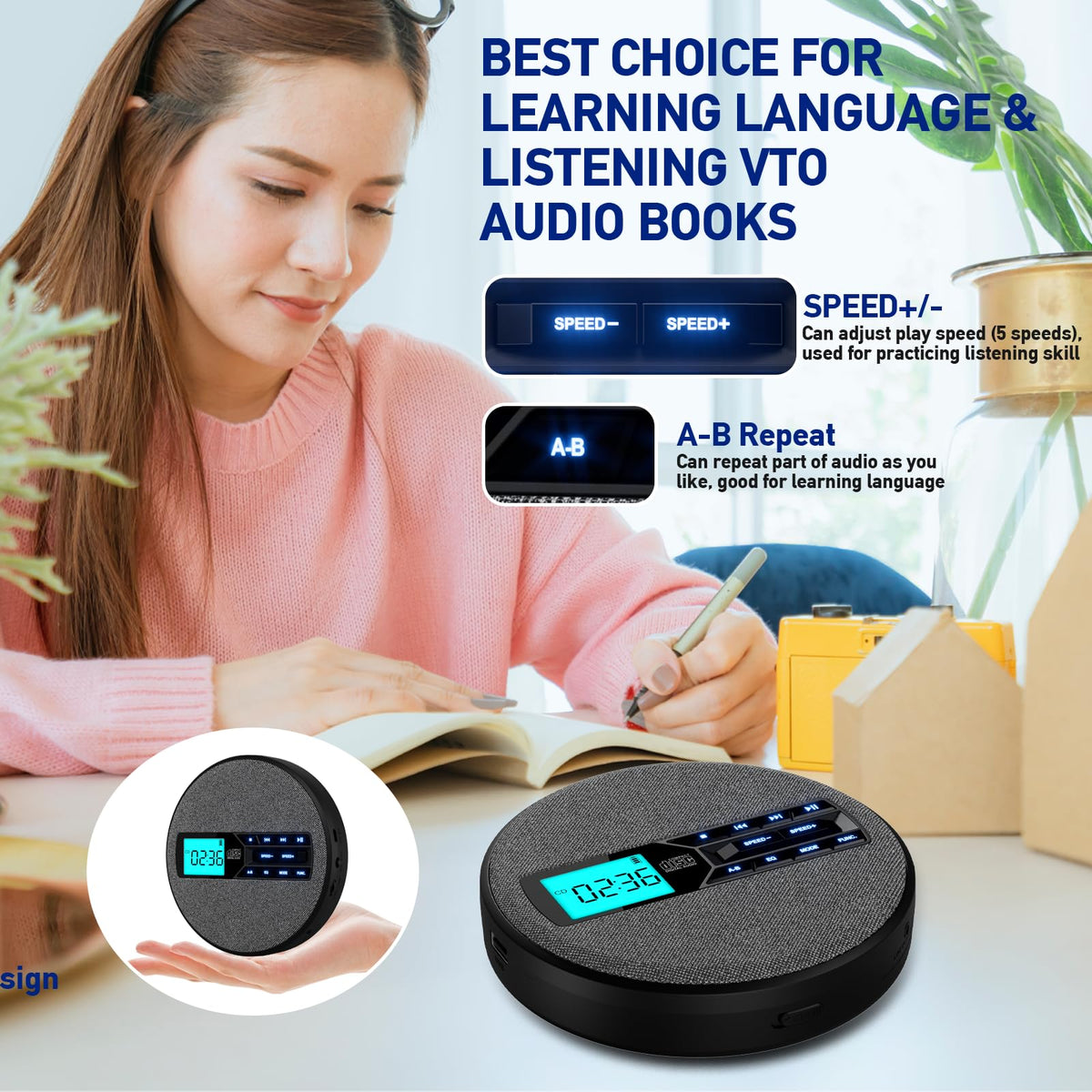 Portable Rechargeable CD Player with Dual Speakers, Black L4537