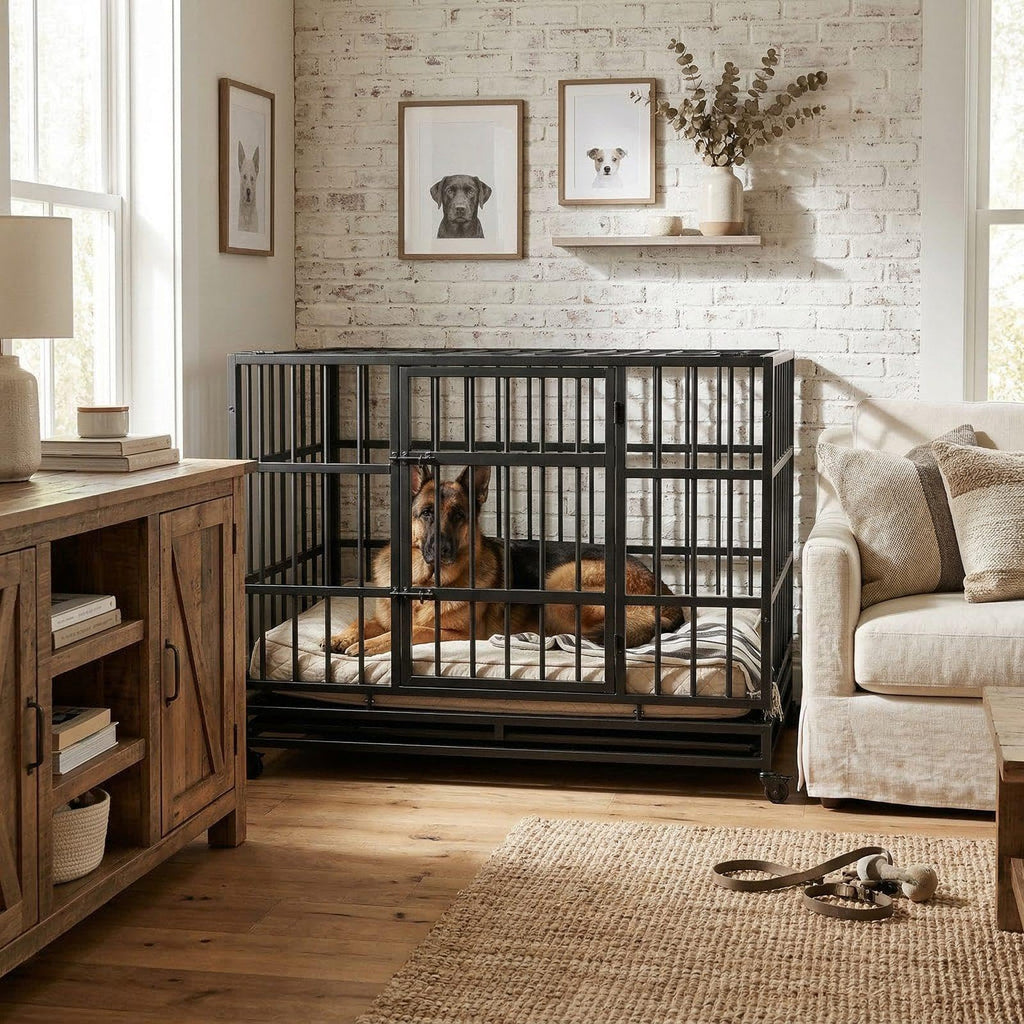48 Inch Heavy Duty Metal Folding Dog Crate with Wheels and Double Doors N954582
