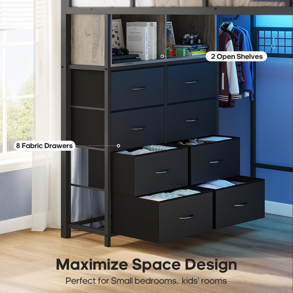 Full Size Loft Bed with Desk and 8 Storage Drawers Grey F24198
