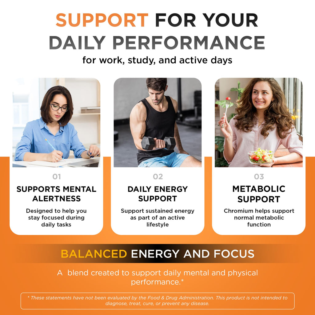 Natural Energy & Focus Supplement with Panax Ginseng, Guarana Extract & Chromium Picolinate, 60 Caps S829