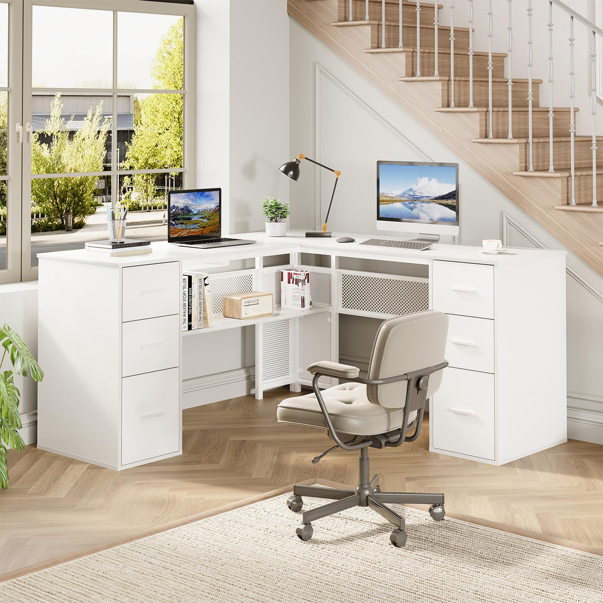 White L Shaped Desk with Drawers M999