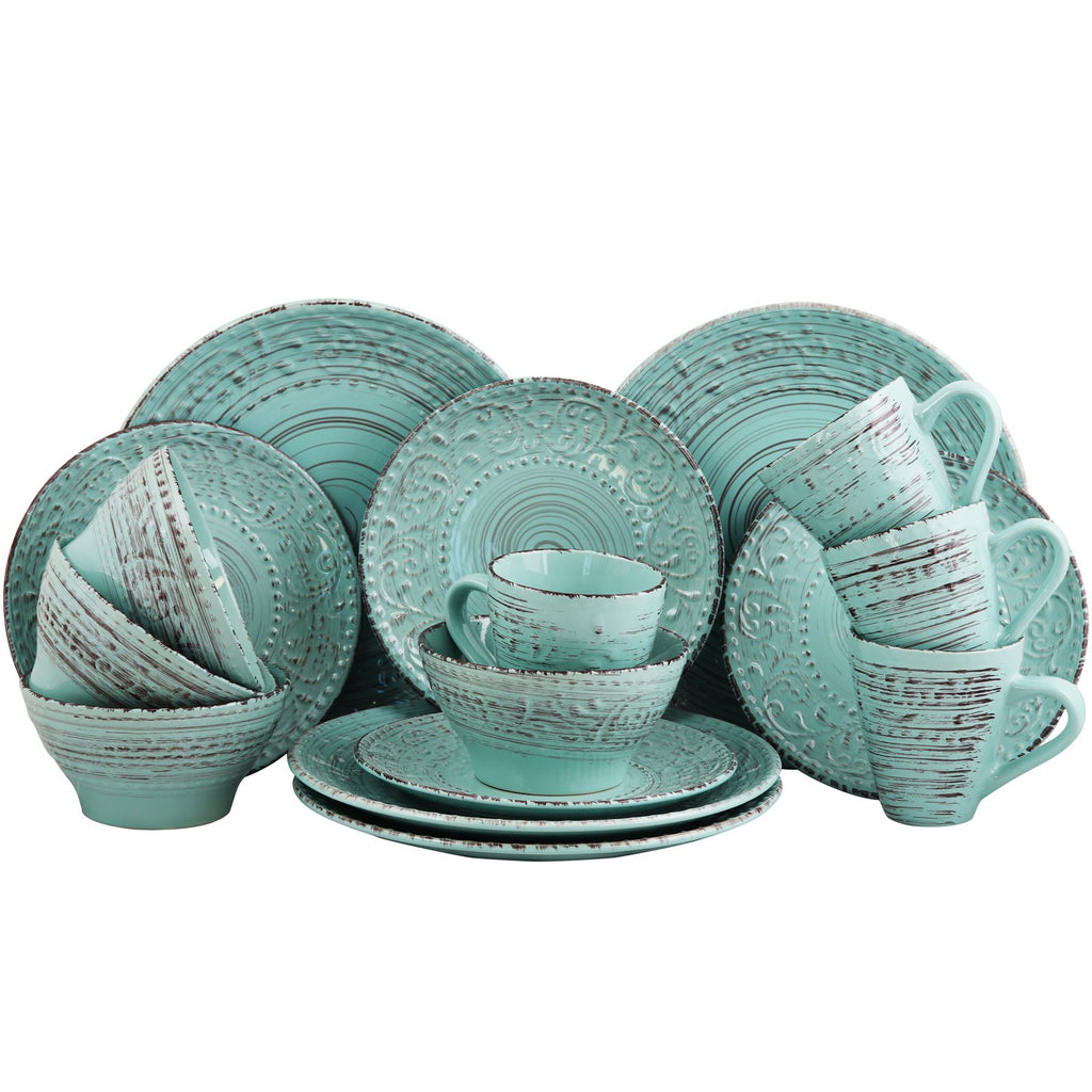 Turquoise 16 Piece Embossed Stoneware Dish Set U594980