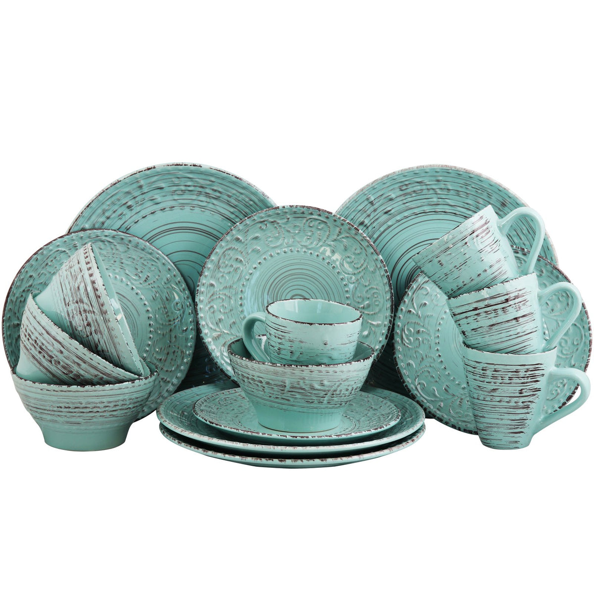 Turquoise 16 Piece Embossed Stoneware Dish Set U594980