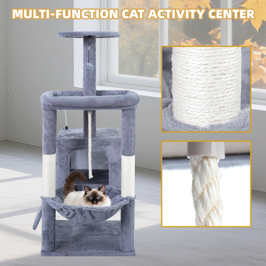 37.5" Cat Tree Tower with Scratching Board Hammock Grey O99025