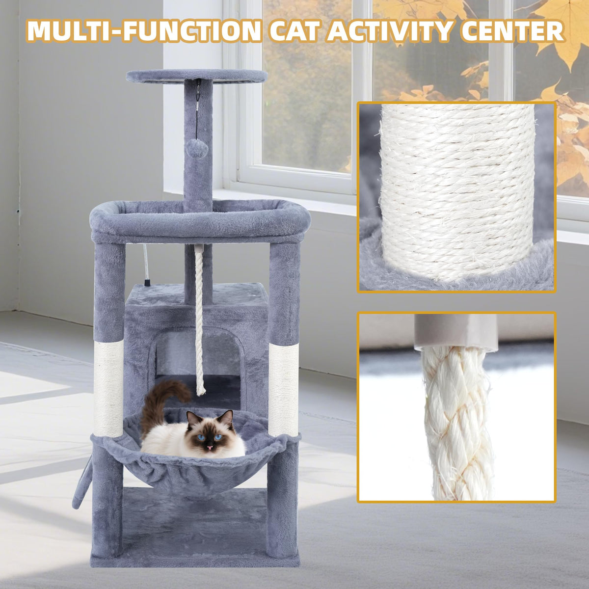 37.5" Cat Tree Tower with Scratching Board Hammock Grey O99025